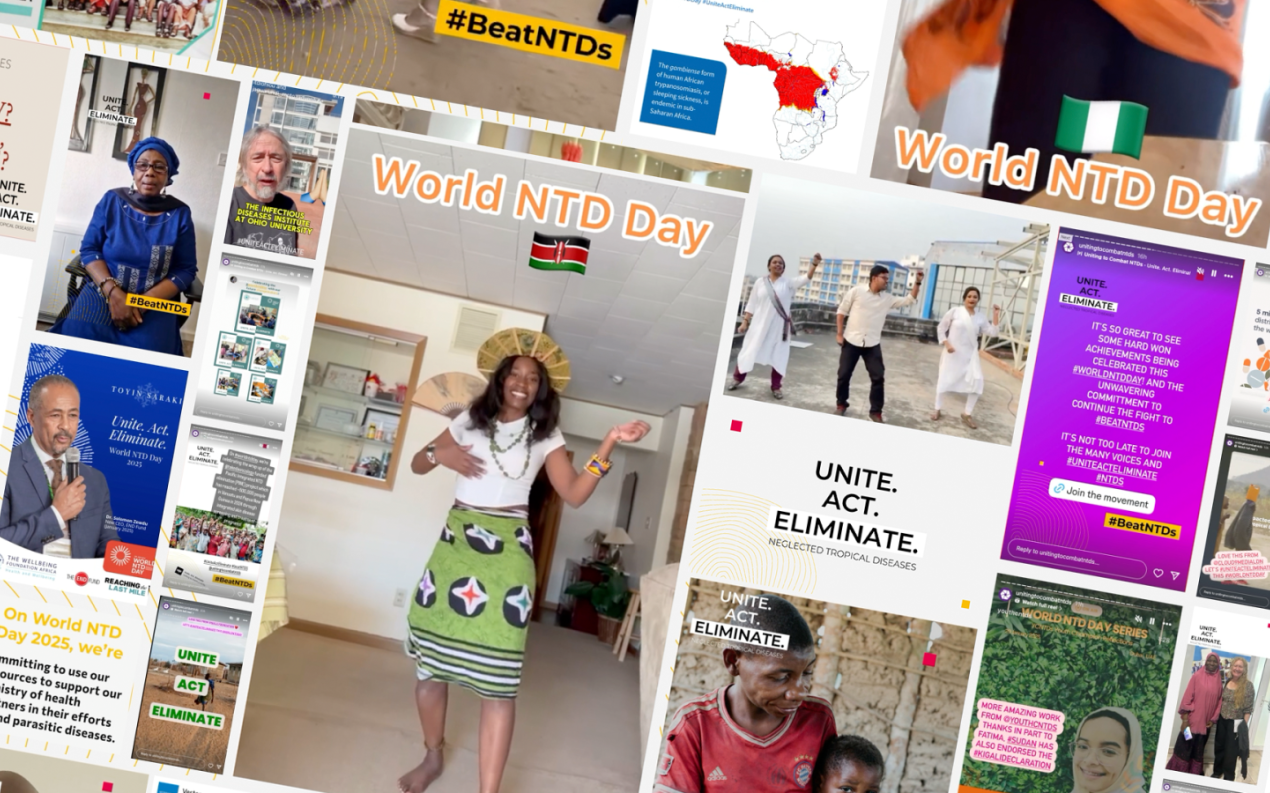 A selection of images of people celebrating gains and commit to eliminating NTDs