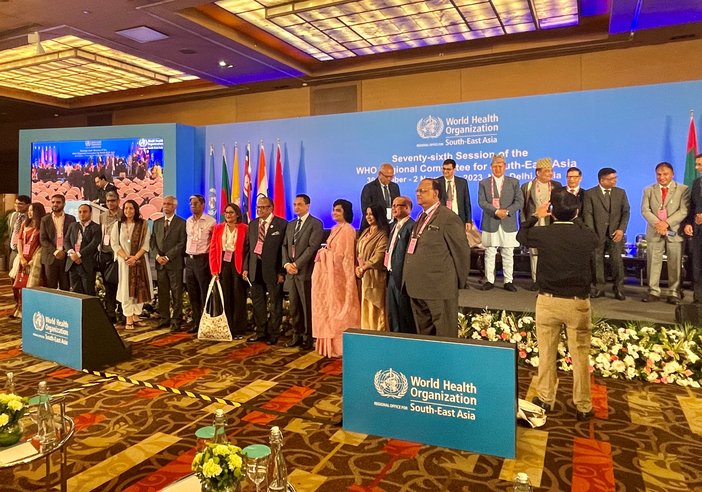 Ministers of Health and other officials gather for a photo opportunity at 76th WHO SEARO Regional Committee meeting